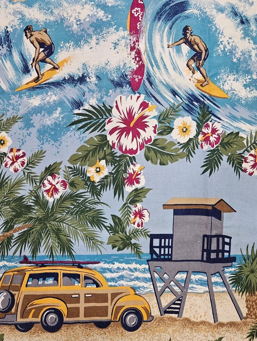 VTG Vohann Surfboard Hawaiian Floral Beach Sand Cars Cotton Shower Curtain 65X72